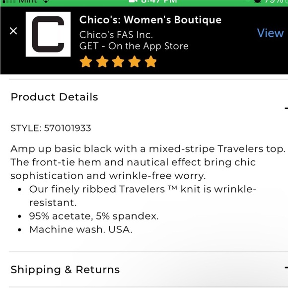 Chico’s Travelers Made in Usa Black & White Stripe Tie-Front 3/4 Sleeve Top 3 L - Picture 14 of 15